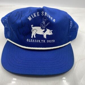 Vintage Crown Trucker Snapback Blue Mesh Hat Rope Signed Mike Snider Pig